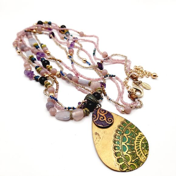 Chico's Bohemian Beaded Pendant Necklace - Amethyst Chips - 36" - 3 Bead Strands - Picture 6 of 12